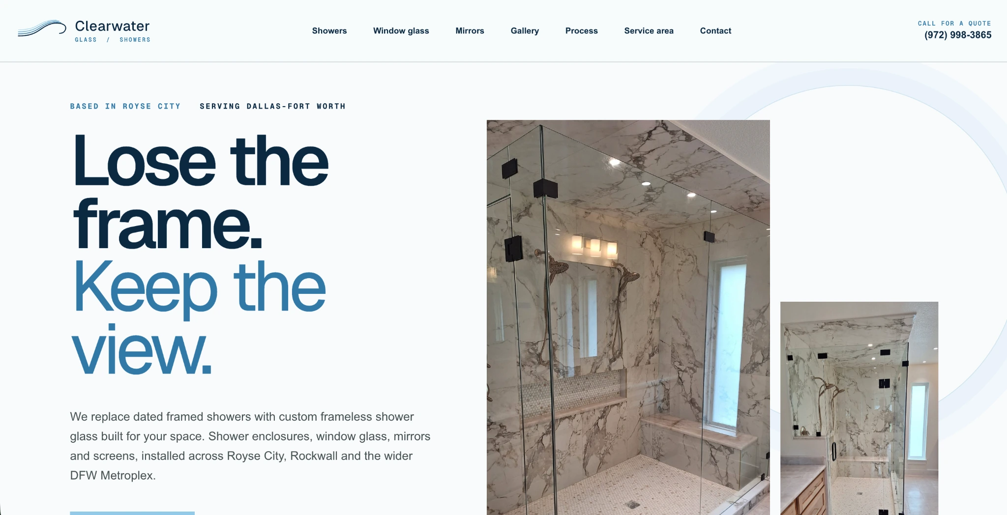 Clearwater Glass and Showers homepage with a bright blue visual system and frameless shower photography