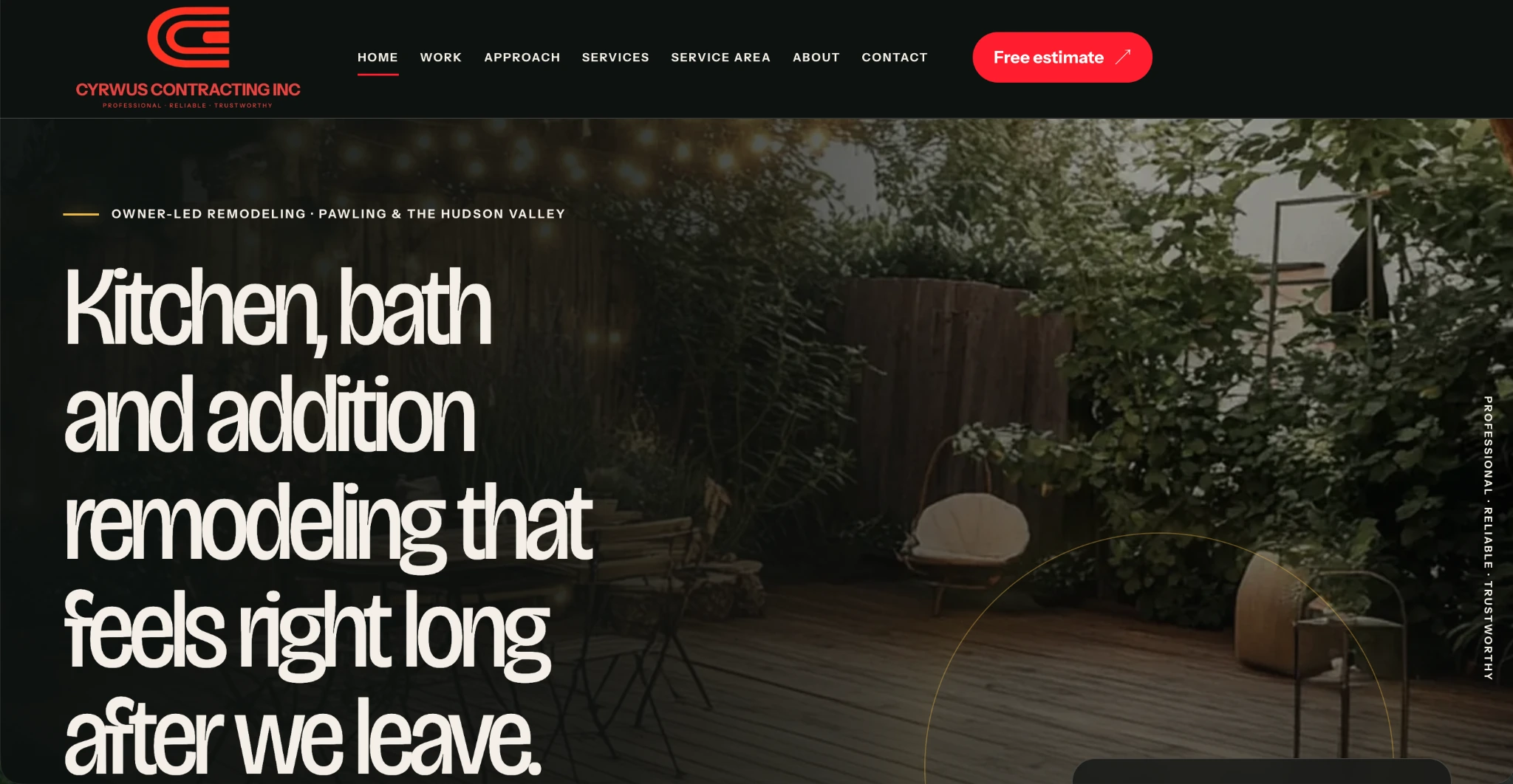 Cyrwus Contracting homepage with a dark editorial layout and remodeling message