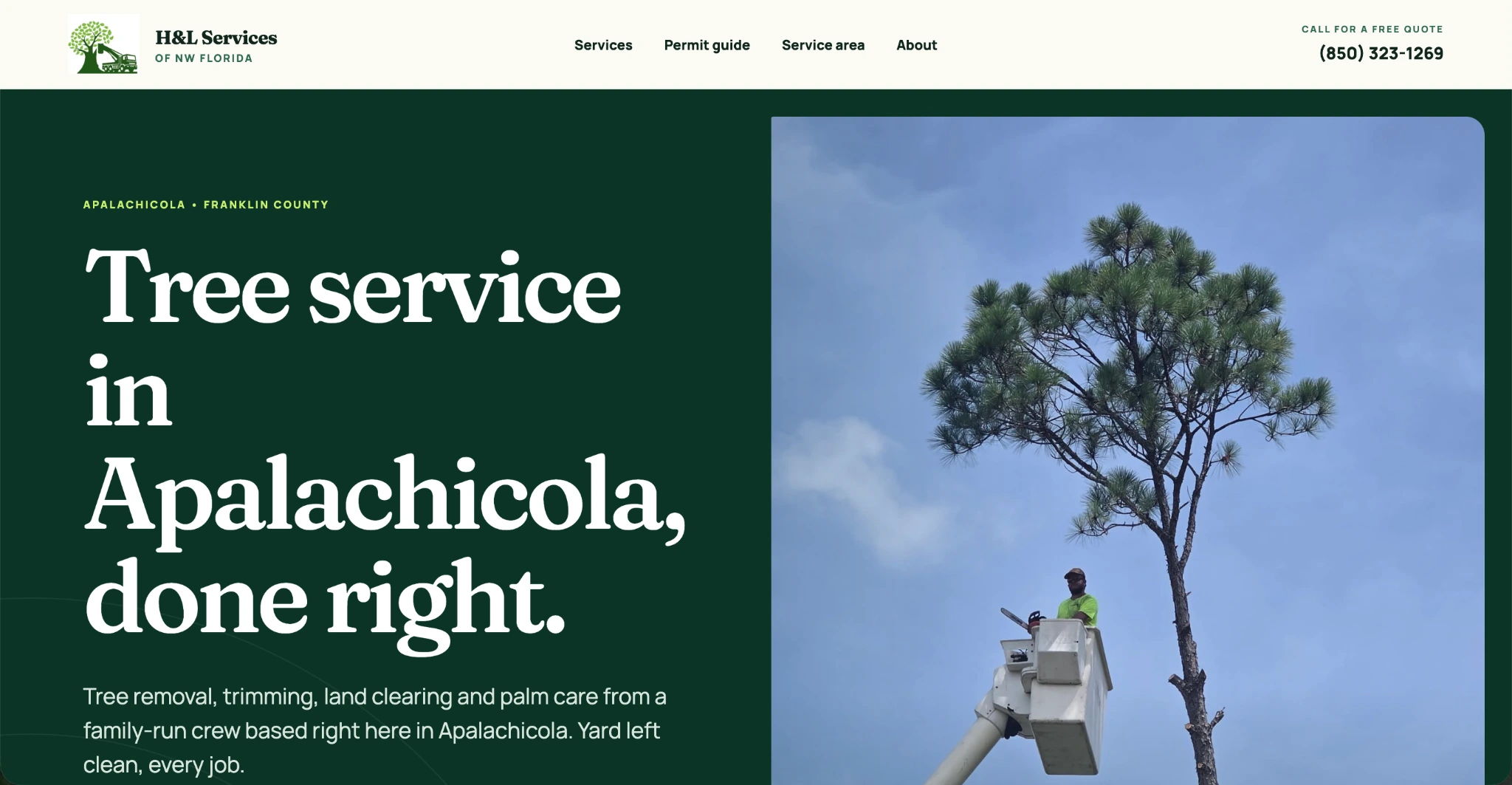 H&L Services of NW Florida homepage with a tree-service headline and crew photography
