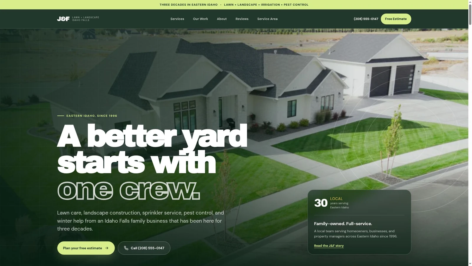 J and F Lawn and Landscape website homepage with an aerial property image