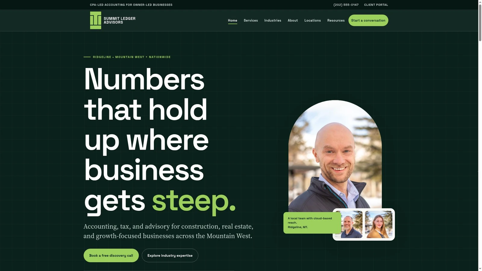 Summit Ledger accounting website homepage with a large type-led hero and team portraits